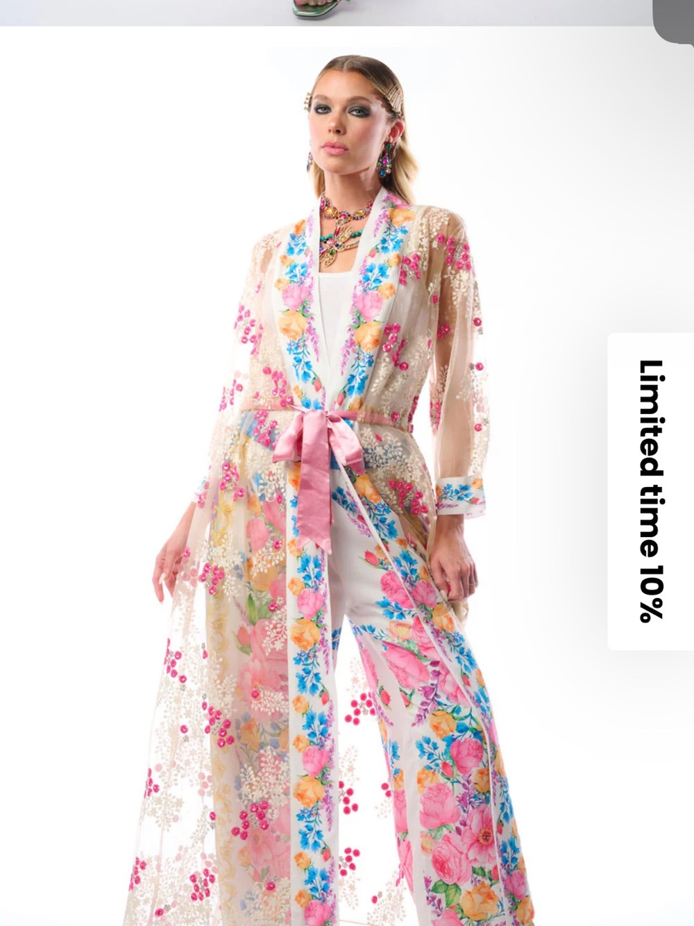 Sheer Floral Lace Duster with Pink Sash - Women's Intimates
